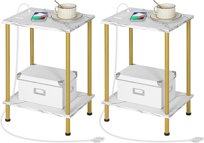 HOOBRO Side Table with Charging Station, Nightstand with 2-Layer Storage Shelves by HOOBRO