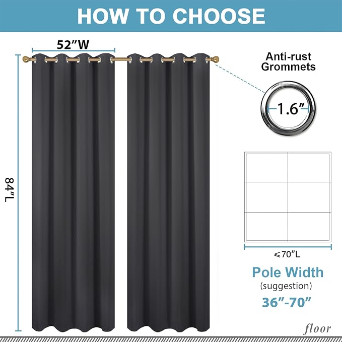 Diraysid Charcoal Grey Grommet Blackout Curtains - Image 6