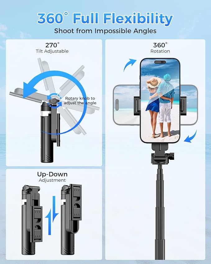 Kinwald 3-in-1 Phone Tripod with LED Lights & Remote, Extendable Selfie Stick Tripod Stand, Compact Portable with Bluetooth Remote for iPhone/Android Vlogging & Photography (Black)