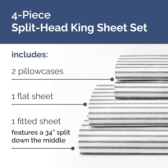 Split Head King Sheet Set – 4 Piece Flex Split Top King Sheets for Adjustable Beds - Fits 14” to 16" Mattress w/ Deep Pockets - Breathable & Cooling - Luxury Bedding and Wrinkle Free - Grey Stripes 2