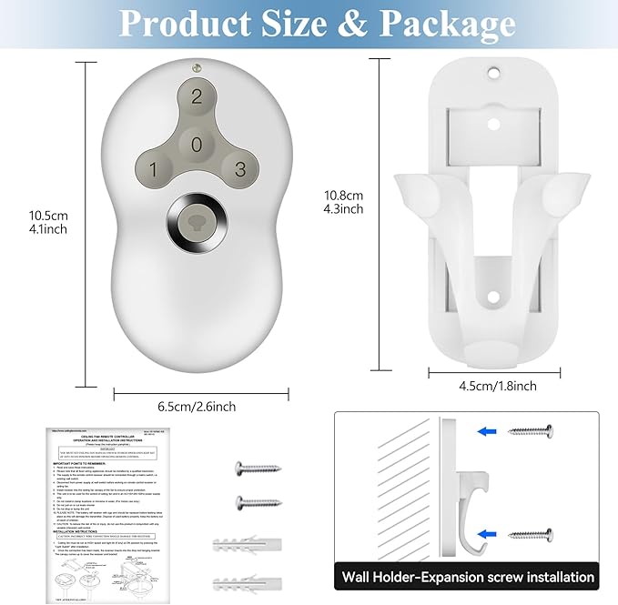 Ceiling Fan Remote Control Replacement for Hunter, Compatible with Hunter Remote 99122/99123, 3 Speed, Light Dimmer, 434MHz, Easy to Set with Mount Holder, Remote only - Receiver Not Included