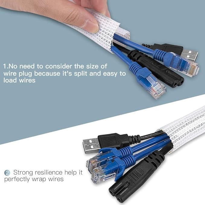 AGPTEK Cable Sleeve Cover, 6.6ft - 2/3 inch Desk Cord Organizer Cable Hider, Home Office Wire Management Computer TV Wire Loom Tubing, Pet Proof Cord Protector, from Cat Dog Chewing, White