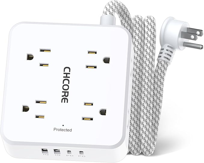 5Ft Flat Plug Braided Extension Cord - CHCORE Surge Protector Power Strip with 8 Outlets and 2 USB-C (PD 30W) Fast Charging Ports and 2 USB-A Ports for Home, Office, Dorm Room Essentials, ETL, White