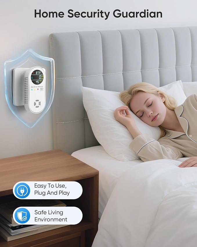 Vilfet Carbon Monoxide Detectors and Natural Gas Detector, 4-in-1 Carbon Monoxide Detectors Plug in, Gas Leak Detector with Dual Alarms, Temperature & Humidity Sensor for Home, RV, White, 2 Pack