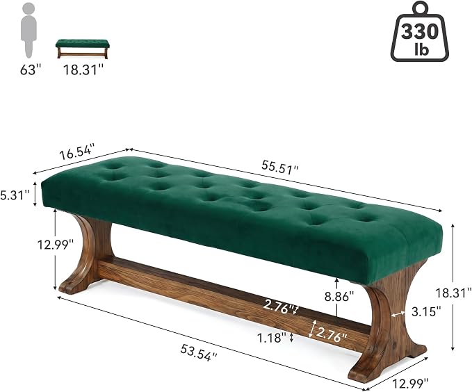 LITTLE TREE 55" Upholstered End of Bed Bench, Solid Wood Tufted Entryway Bench - Image 2