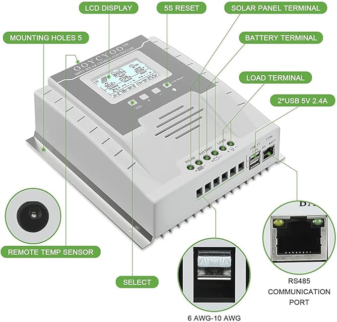 OOYCYOO MPPT Charge Controller 60 amp 12V/24V Auto, 60A Solar Panel Charge Regulator with Blacklight LCD Display Max 100V for Lead-Acid Sealed Gel AGM Flooded Lithium Battery