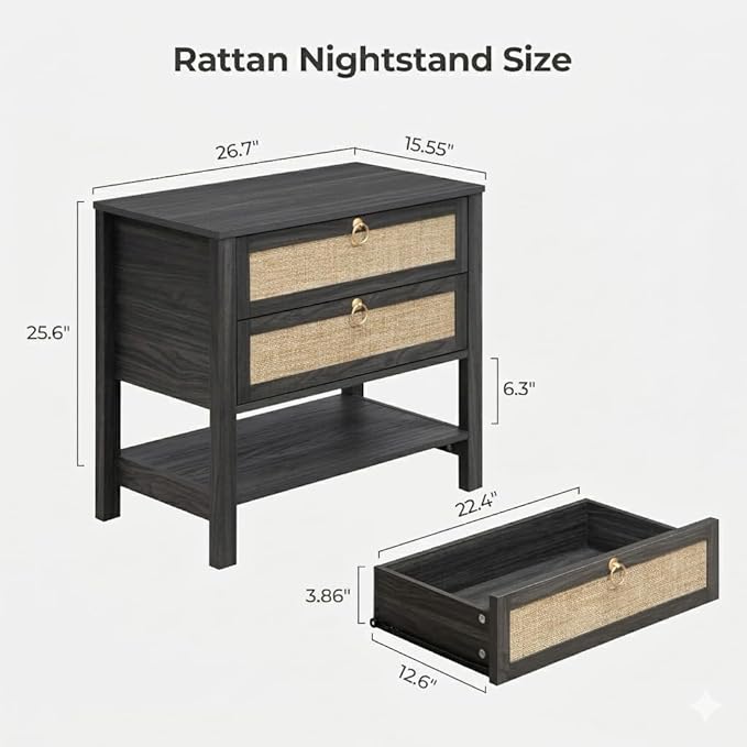 SICOTAS Rattan Nightstand Set of 2, Wide Boho Bedside Table - Image 2