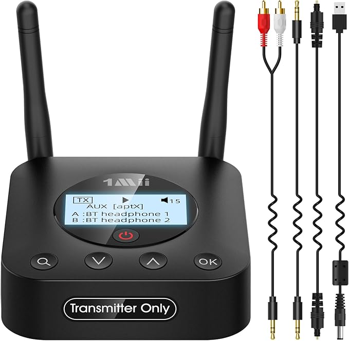 1Mii B06TX+ Long Range Bluetooth 5.2 Transmitter for TV/PC/Projector to 2 Wireless Headphones/Speakers, Bluetooth Adapter for TV w/Screen Display, Plug n Play, aptX Low Latency & Adaptive & HD Audio