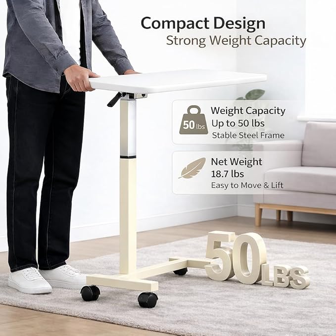 Adjustable Overbed Table with Wheels, Pneumatic Height Lift Rolling Bedside - Image 3