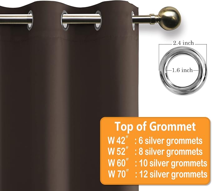 Grommet Blackout Curtains for Bedroom 70 x 63 Inches Brown 2 Panels | Thermal - Image 5