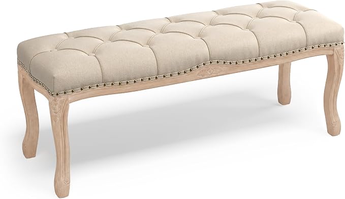 Bedroom Bench, French Vintage Tufted Entryway Bench, 45.2" Carving Upholstered by COZYMAN