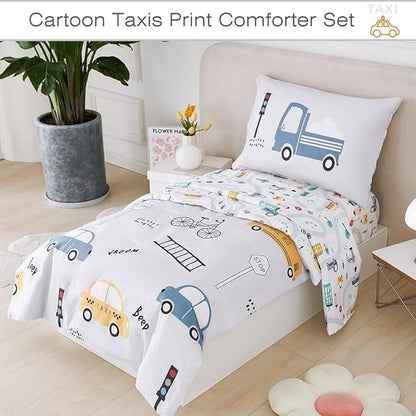 PERFEMET 4 Pcs Toddler Bedding Set - Soft Reversible Cars, Bus, Trucks Print Toddler Bed Set for Boys & Girls - Matching Sheet Set (Light Grey, Taxis/Bus/Trucks)