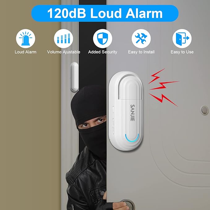 SanJie Window Alarm Sensors Door Alarms for Home Security Volume Ajustable 0-120 DB Pool Door Alarms for Kids Safety with 4 Modes Open Alarm/Close/Dingdong/Reminder Burglar Alert (5 Pack)
