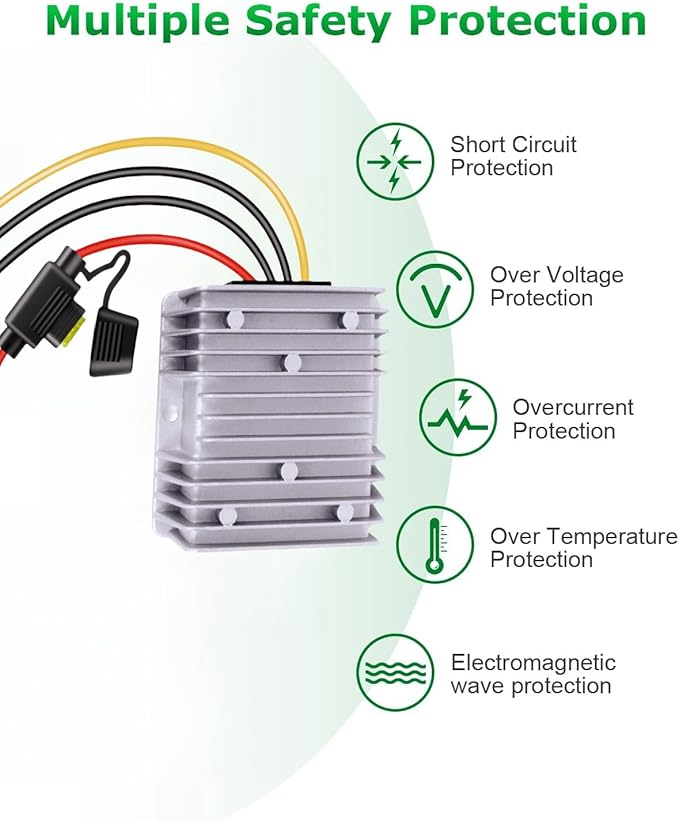 48V to 12V Converter Golf Cart Voltage Regulator Reducer Transformer Waterproof DC-DC 24V 36V 48V to 12V 20A 240W Step Down Converter with Fuse