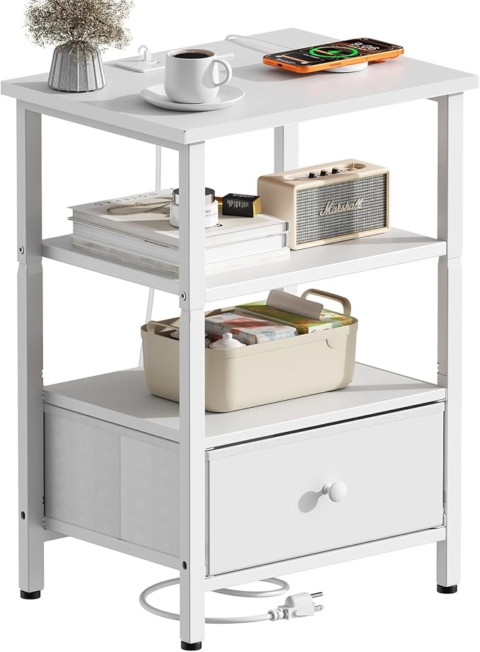 Side Table with Charging Station, Nightstand with Adjustable Fabric Drawer by Tensirock