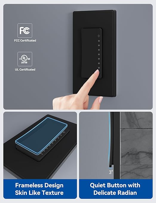 ELEGRP Single Pole Smart Dimmer Light Switch DPR10, 2.4GHz Wi-Fi Dimmer Switch Compatible with Alexa and Google Assistant, Needs Neutral Wire, No Hub Required, UL and FCC Listed, Black, 4 Pack