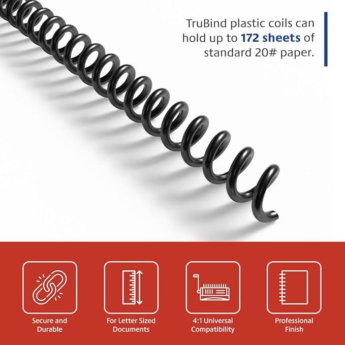 TruBind 20mm (3/4 in.) Spiral Binding Coils for Reports, Presentations and Proposals | 4:1 Pitch | 12 in. Length | Black | 172 Sheets Binding Capacity | 50 Pack