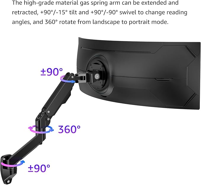 BEWISER Heavy Duty Monitor Arm Wall Mount for 34-57 Ultrawide Screen,Weight Capacity up to 44lbs,Ultrawide Monitor Arm Wall Mount,Black