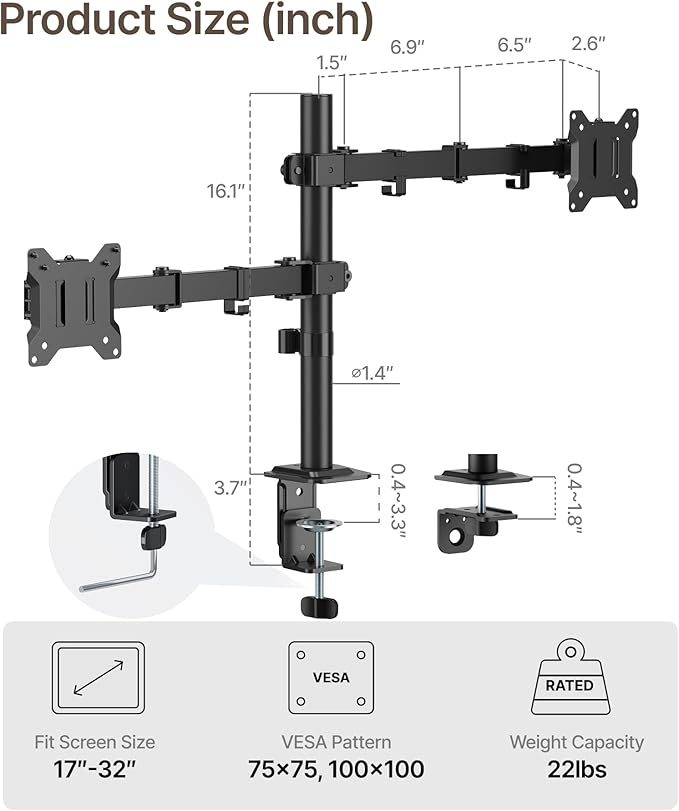 monTEK Dual Monitor Stand for 17"–32” Computer, Adjustable Height Stable Monitor Mount Fit up to 32 inch Screen, Hold up to 22lbs Weight, C-Clamp and Grommet, VESA 75x75mm/100x100mm