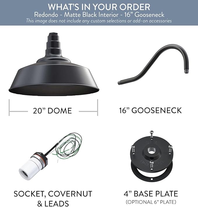 Steel Lighting Co. Large Outdoor Barn Light | Gooseneck Light Fixture | Made in America from 18-Gauge Steel | 20" Dome | 16" Gooseneck Matte Black Exterior/Matte Black Interior