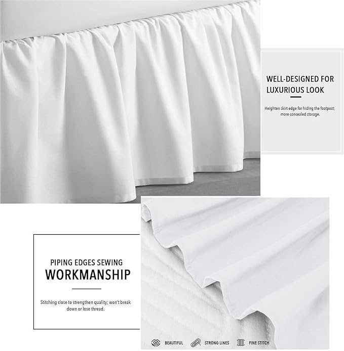 White Solid Ruffled Bed Skirt Queen-XL-8 Inch Drop Split Corner, Microfiber Bedskirt with Platform Three Sided Coverage
