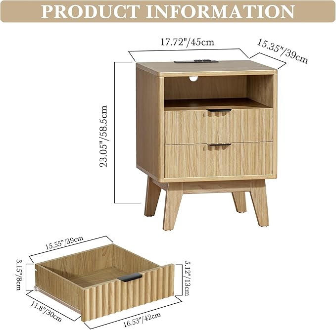Nightstand Set of 2 with Charging Station, Modern Fluted 2 Drawer End Tables with Storage Shelf, Natural Oak Bedside Tables for Bedroom & Office