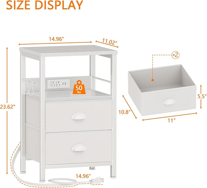 Furologee End Table with Charging Station, Nightstand with Fabric Drawers - Image 3