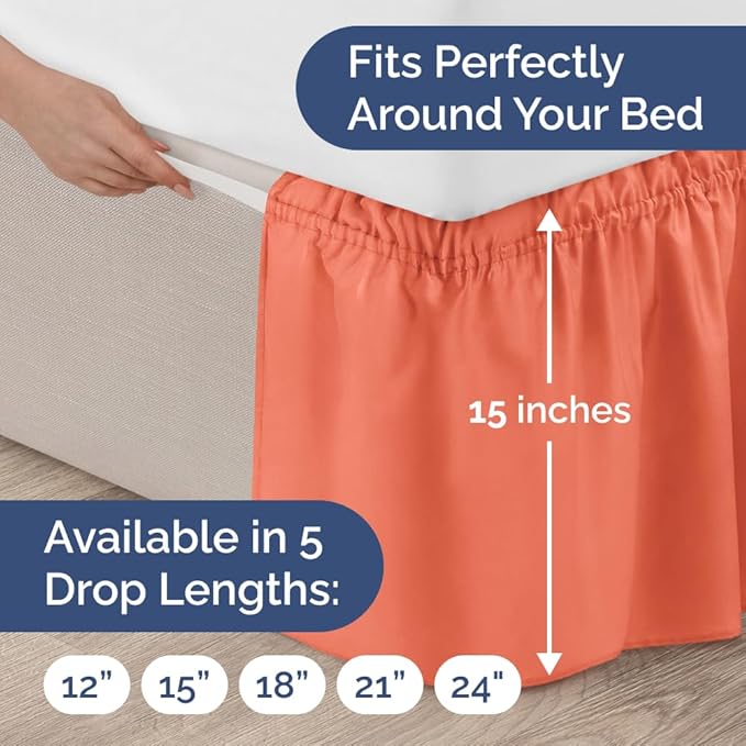 Wrap Around Dust Ruffle Bed Skirt - Coral - Twin/Twin XL Size Beds with 15 Inch Drop - Easy Fit Elastic Strap - Adjustable Pleated Bedskirt w/Brushed Fabric - Wrinkle Free - Women, Men, Kids & Teens