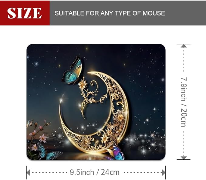 Golden Retro Fantasy Starry Moon Butterfly Square Mouse pad, Texture, Waterproof, Anti Slip Rubber Base, Computer Mouse pad