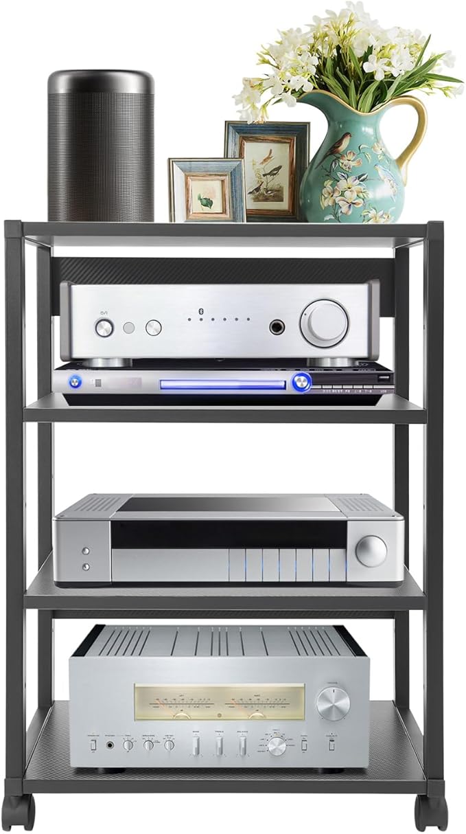 5-Tier AV Media Stand with Universal Wheels, Center Stereo Components Storage Stand, DVD/CD Holder with Adjustable Hole Spacing Movable Audio Media Stand for Living Room, Game Room (4 Tiers)