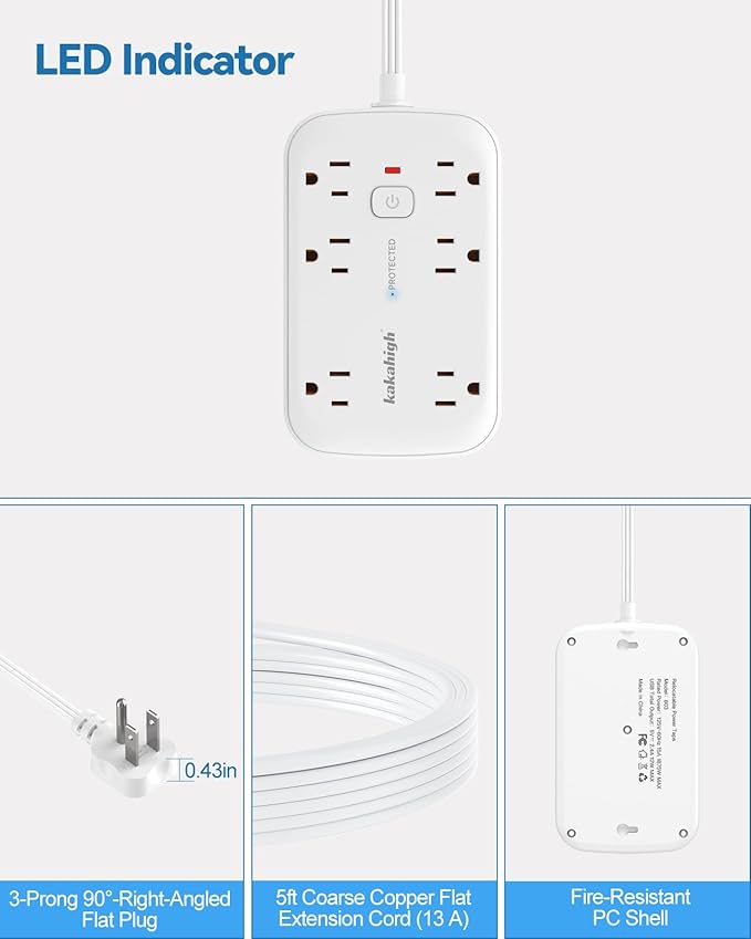 20FT Extension Cord with Outlet Cover & Multi USB, Ultra Thin Outlet Concealer with Cord & 12AC Outlet 6 USB (24W/4.8A), Charging Station for Multiple Devices, for Behind Wall Furniture Couch TV