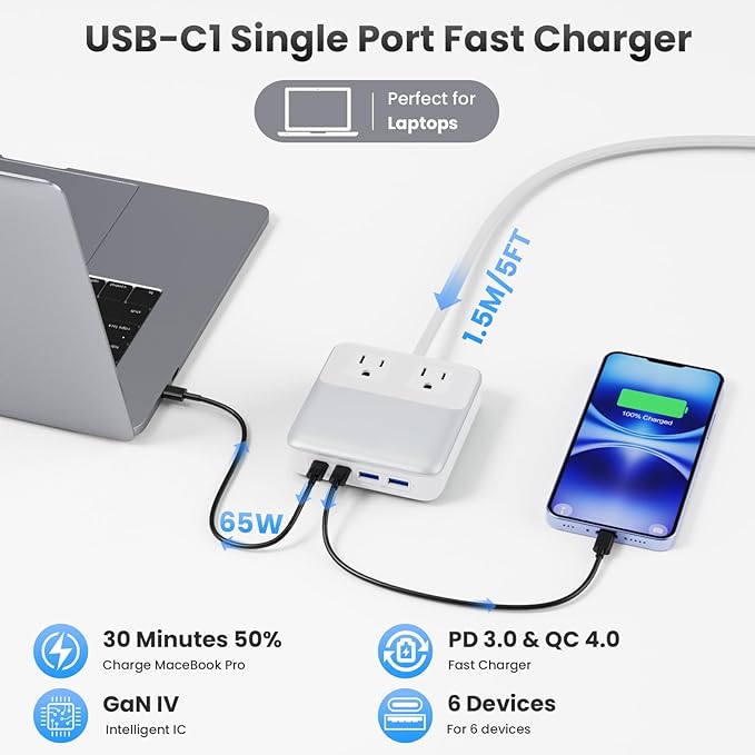 USB C Charger Block,135W GaN Fast Charging Station Hub,6-in-1 USB C Power Strip with 5ft Cord,2 AC & 2 USB A & C,PD 65W Laptop Charger for MacBook Air/Pro,iPhone16/15,Galaxy S24 etc