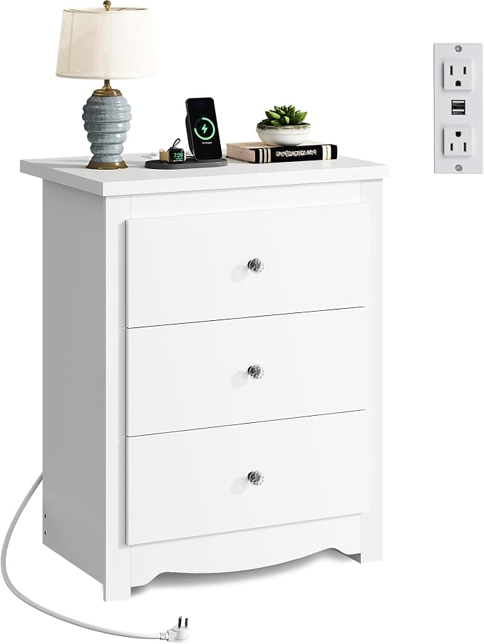 WLIVE Tall Nightstand with Charging Station, Wood Bedside Table, Power Outlets by WLIVE