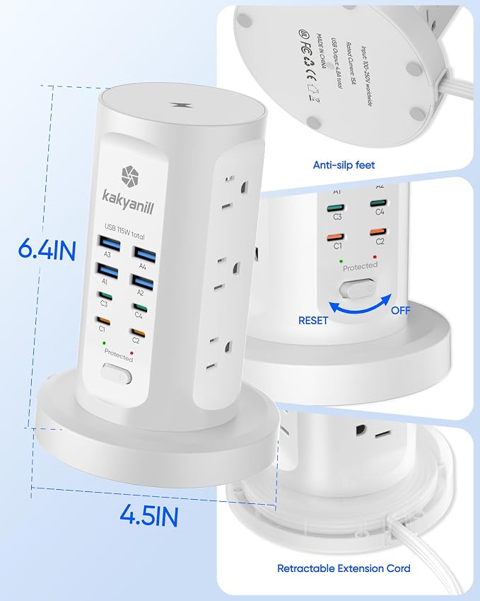 Power Strip Tower, kakyanill PD 65W Charging Station 9 AC Outlets 8 USB | 6 Ft - Image 6