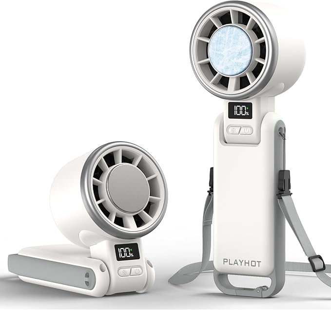 PlayHot Upgraded Portable Handheld Fan with 60°F Ice Cooling, Up tp 12Hrs Personal Fans Portable Rechargeable, 5 Speed 25550RPM Powerful Portables Fan Handheld, Hand/Neck/Desk Fan 3 IN 1(White)
