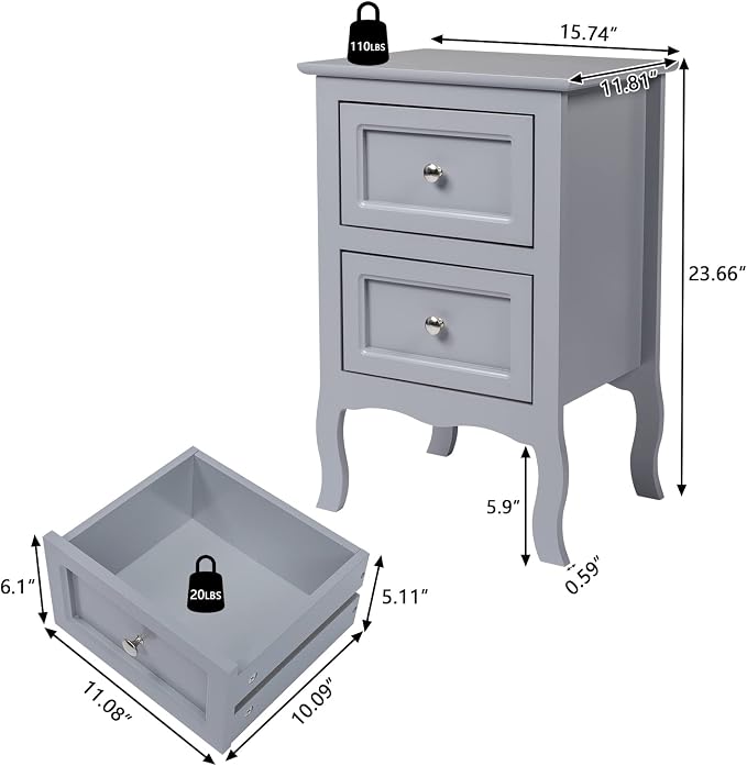 Bonnlo Gray Nightstand Set of 2, Nightstands - Image 3