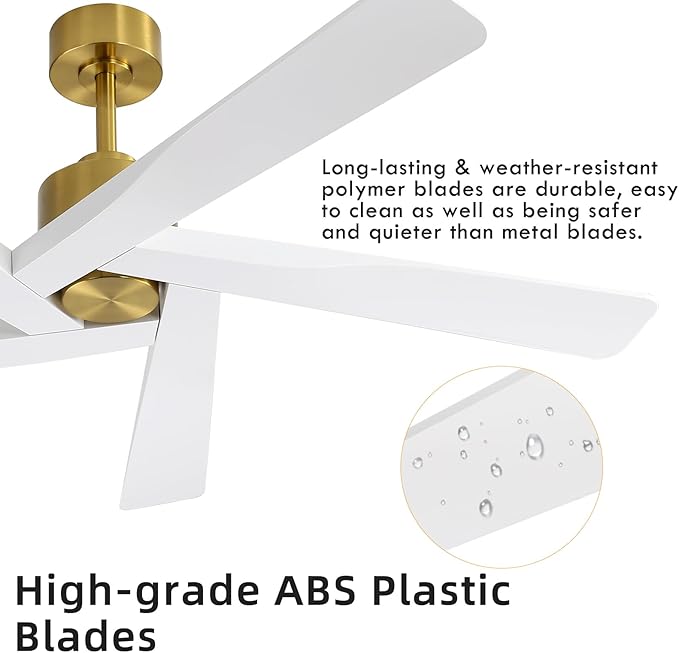 WINGBO 54" ABS DC Ceiling Fan No Light, 5 Blade ABS Plastic Ceiling Fan with Remote, 6-Speed Reversible DC Motor, Ceiling Fans without Light for Kitchen Bedroom Living Room, Brass and White