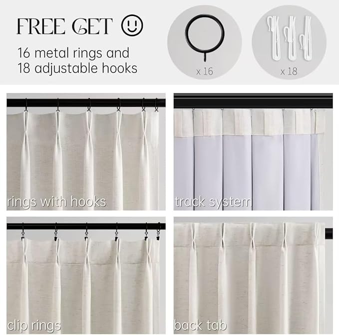 102 inch Long Natural Pinch Pleated 100% Blackout Curtains, Luxury Linen - Image 3