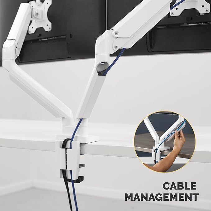 Fellowes Platinum Series Dual Monitor Arm for 40-Inch Monitors, Full Motion, 360° Rotation, VESA Mount with Grommet or Clamp, USB Ports, Ergonomic, White, 8056301