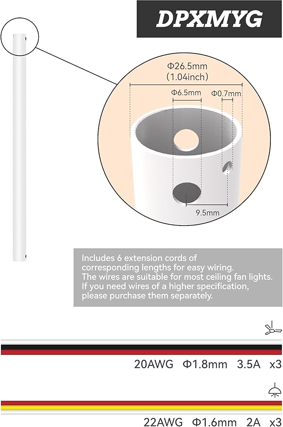 DPXMYG 24 inch Ceiling Fan Downrod with Extension Cord, 2 FT White Downrod for Ceiling Fan, 1 inch Outside Diameter, Ceiling Fan Boom Suitable for a Wide Range of Fans (White, Not Threaded)