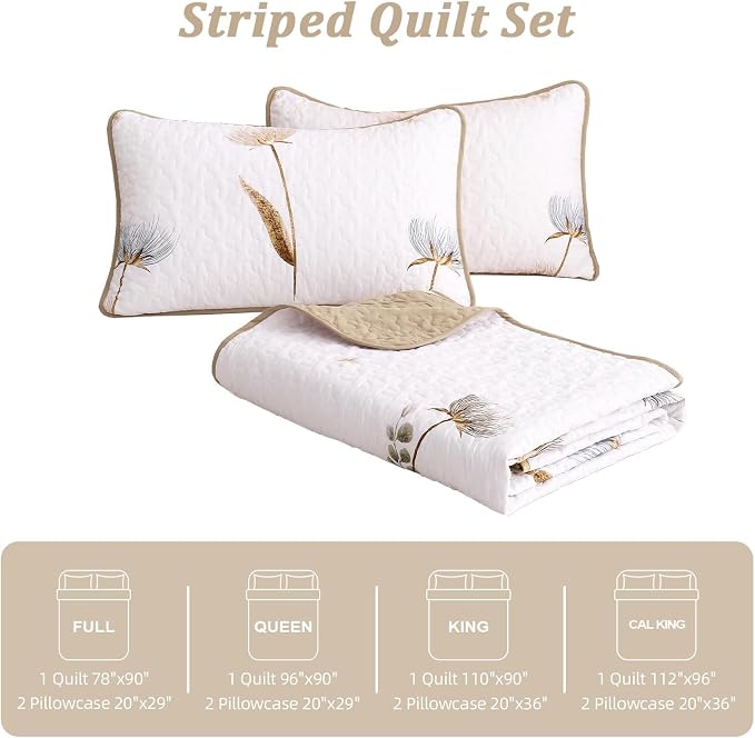 Dinjoy Queen Quilt Bedding Set Khaki Floral Bedspreads - Image 7