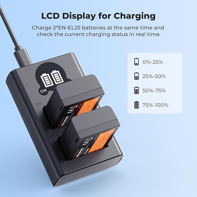 K&F CONCEPT 1600mAh EN-EL25 Battery 2-Pack EN-EL25A Battery and Dual LCD Battery Charger for Nikon Z50II, Z50, Z30, Z FC Camera MH-32 Battery Charger