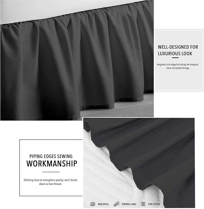 Dark Grey Solid Ruffled Bed Skirt Twin-28 Inch Drop Split Corner, Microfiber Bedskirt with Platform Three Sided Coverage