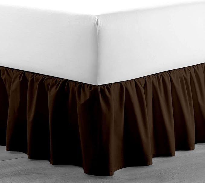 Chocolate Solid Ruffled Bed Skirt Short Queen-24 Inch Drop Split Corner, Microfiber Bedskirt with Platform Three Sided Coverage