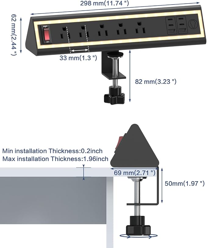 Desk Clamp Power Strip with Nightlight, 40W Fast Charging, 6FT Extension Cord - Image 7