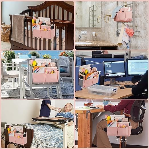 Bedside Caddy Organizer 5 Pockets 4 Hooks Bunk Bed 2Pack Pink | Hanging Storage - Image 5