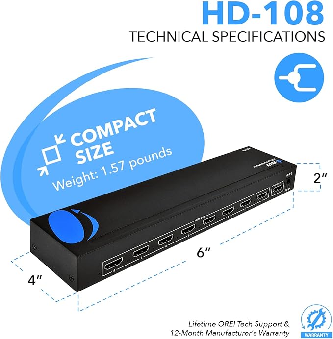 OREI HDMI Splitter 1 in 8 Out with Video Resolutions up to 4K@30hz, EDID Management, 10.2 Gbps Video Bandwidth & Plug and Play Installation