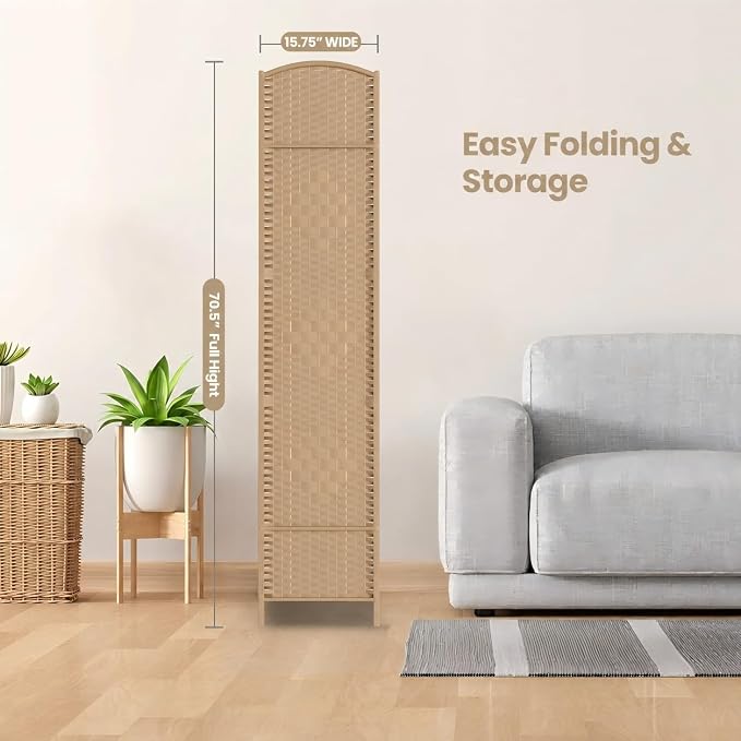 8 Panel Folding Room Divider, Woven Privacy Screen, Light Beige | Solid wood - Image 7