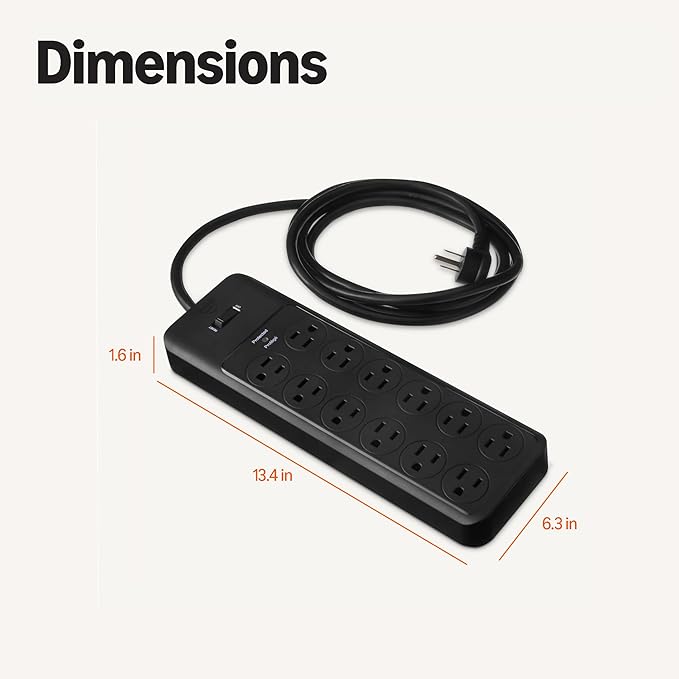 Amazon Basics Surge Protector Power Strip, 12-Outlet, 4000 Joules, 8ft Extension Cord, Rectangle, for Home, Office, Gaming Room, Black