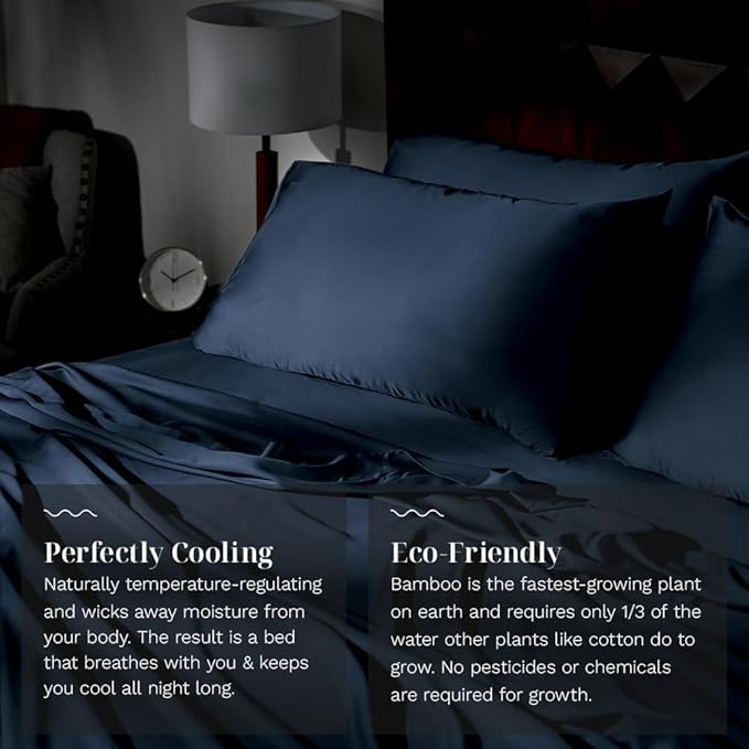LUXOME 100% Rayon (Viscose) from Bamboo Pillowcase Set (Standard/Queen) | 400 Thread Count | Moisture-Wicking | Envelope Closure | Navy
